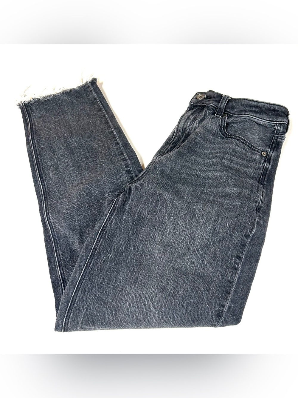 American Eagle Women’s Size 6 LONG Mom Jean Black Gray Strigid Frayed #3282